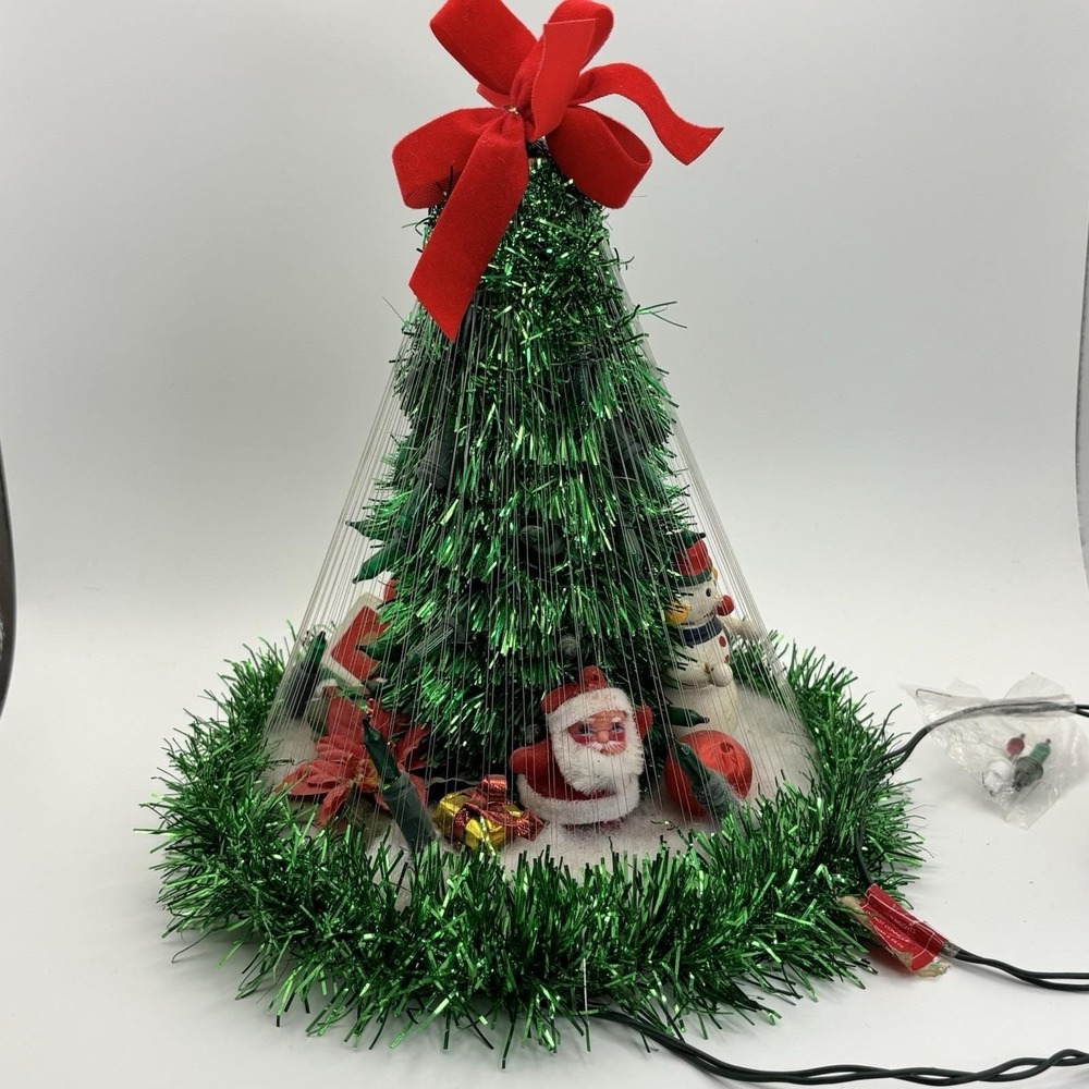 Vtg‎ Handmade Christmas Tree Green Lights Santa Tinsel Snowman Poinsettia Gifts
